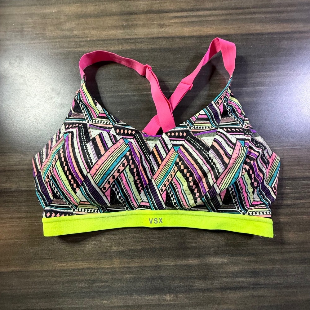 Victoria's Secret Sport Bra 34D‎ Multi Color Geometric Print Padded Strappy Back